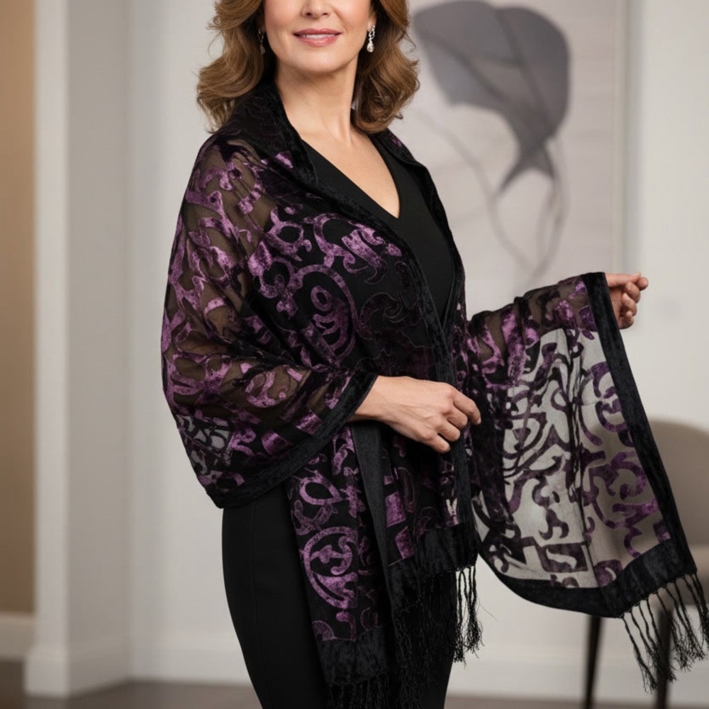 Elegant Black and Purple Sheer Shawl